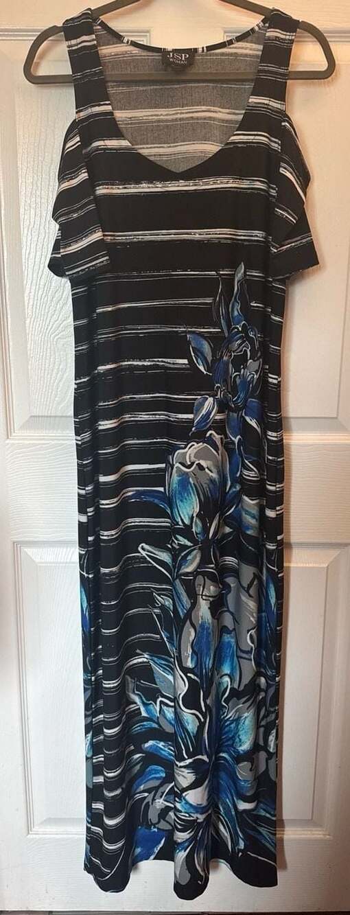 JSP Woman Cold Shoulder Striped Floral Maxi Dress